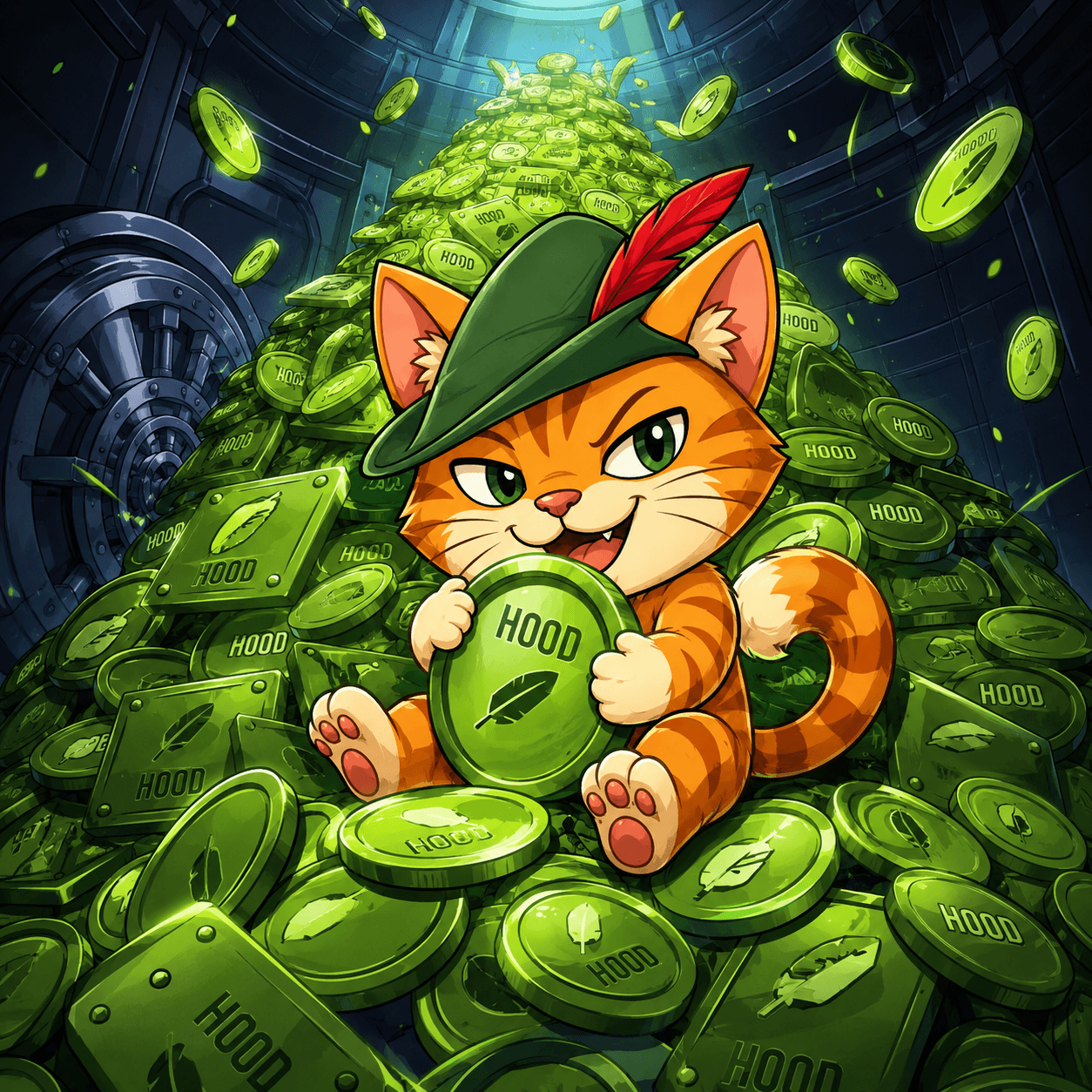 ROBIN sitting on a mountain of HOOD tokens